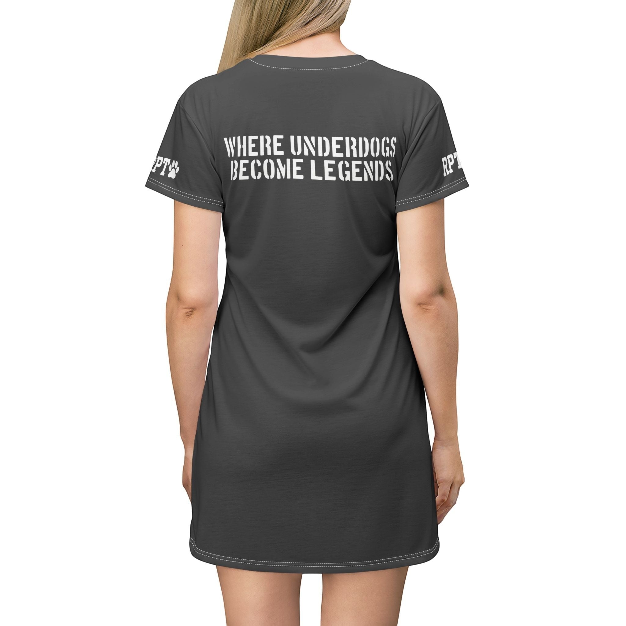 Ruff Part of Town charcoal grey t-shirt dress with white "WHERE UNDERDOGS BECOME LEGENDS" graphic on back.