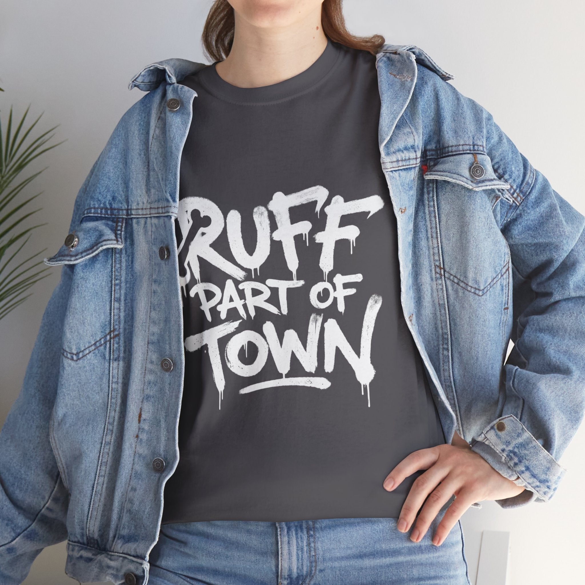Ruff Part of Town graphic t-shirt in charcoal grey with white graffiti print. 100% cotton.