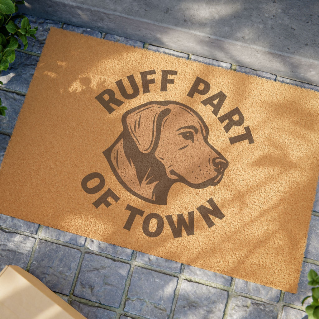 Ruff Part of Town coir doormat with a dog portrait and text. Natural fiber, outdoor use.