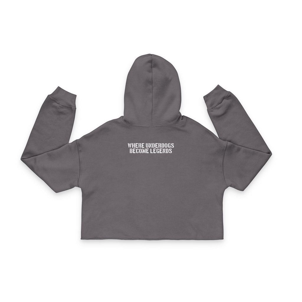 Ruff Part of Town charcoal grey cropped hoodie with raw hem and white text graphic on back reading "WHERE UNDERDOGS BECOME LEGENDS".