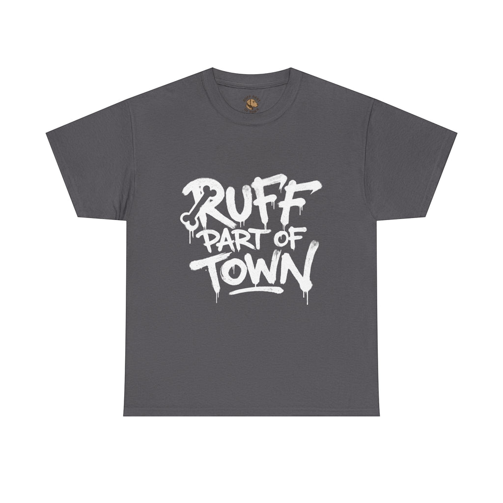 Ruff Part of Town dark grey 100% cotton t-shirt with white graffiti-style print on chest.