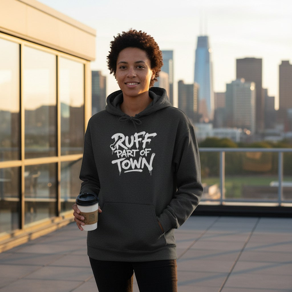 Ruff Part of Town dark grey 50/50 cotton-poly blend hoodie with white stencil lettering on front. Model holds coffee cup.