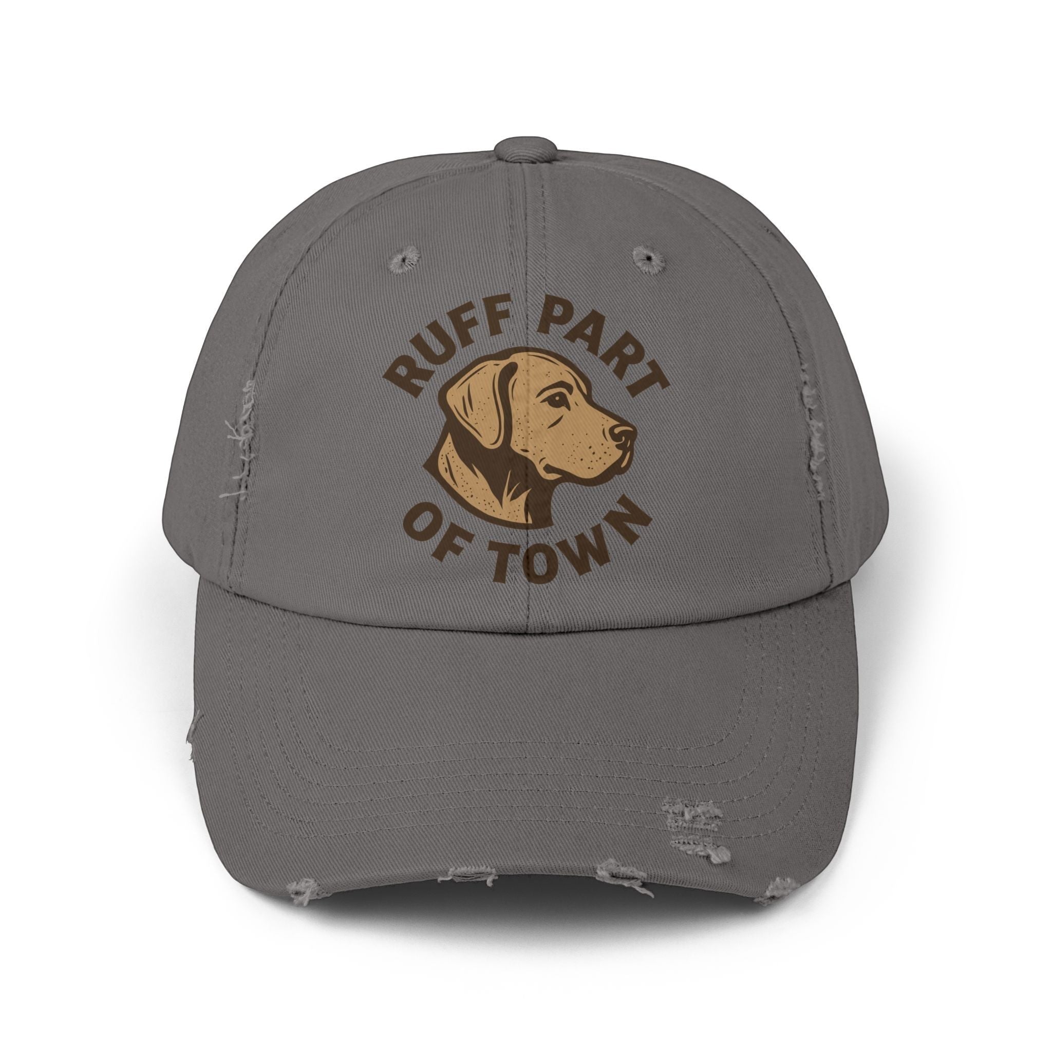 Ruff Part of Town distressed grey cotton twill baseball cap with embroidered dog graphic and text.