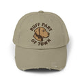 Ruff Part of Town distressed tan cotton twill baseball cap with a Labrador portrait and "Ruff Part of Town" text.