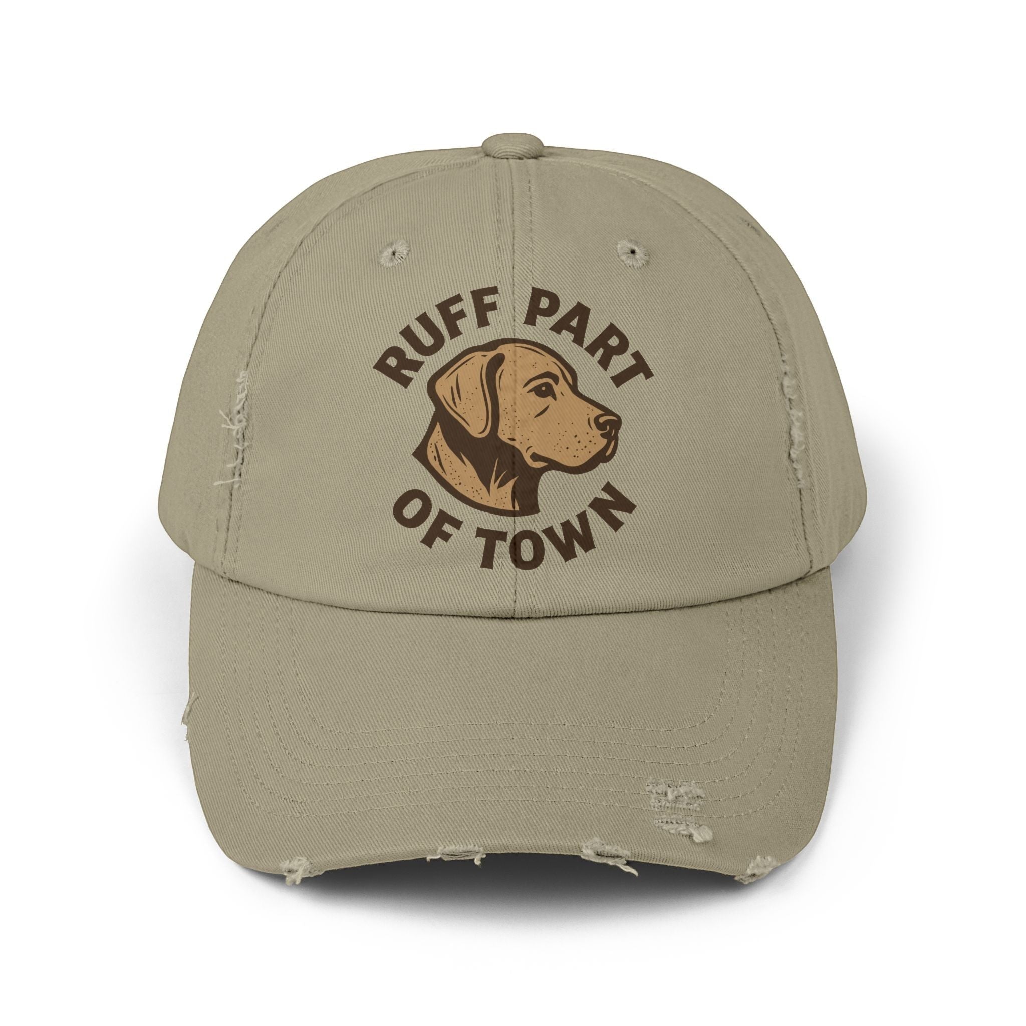 Ruff Part of Town distressed tan cotton twill baseball cap with a Labrador portrait and "Ruff Part of Town" text.