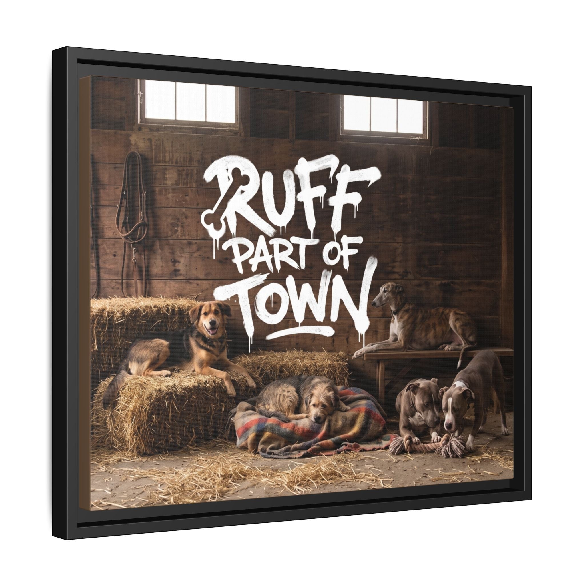 Ruff Part of Town framed canvas art featuring dogs resting on hay bales and a blanket in a rustic barn.