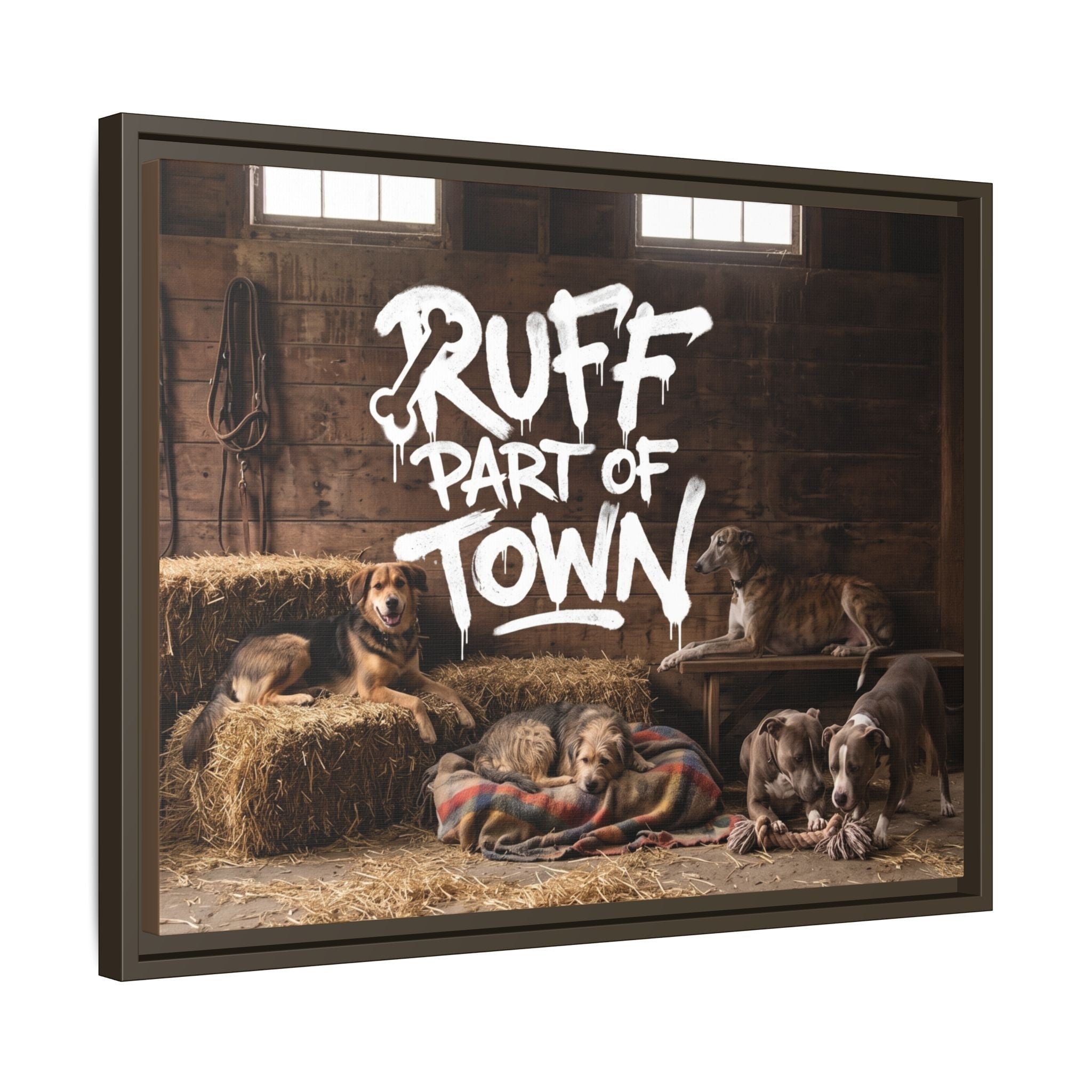 Ruff Part of Town framed canvas art featuring dogs resting on hay bales and a blanket in a rustic barn.