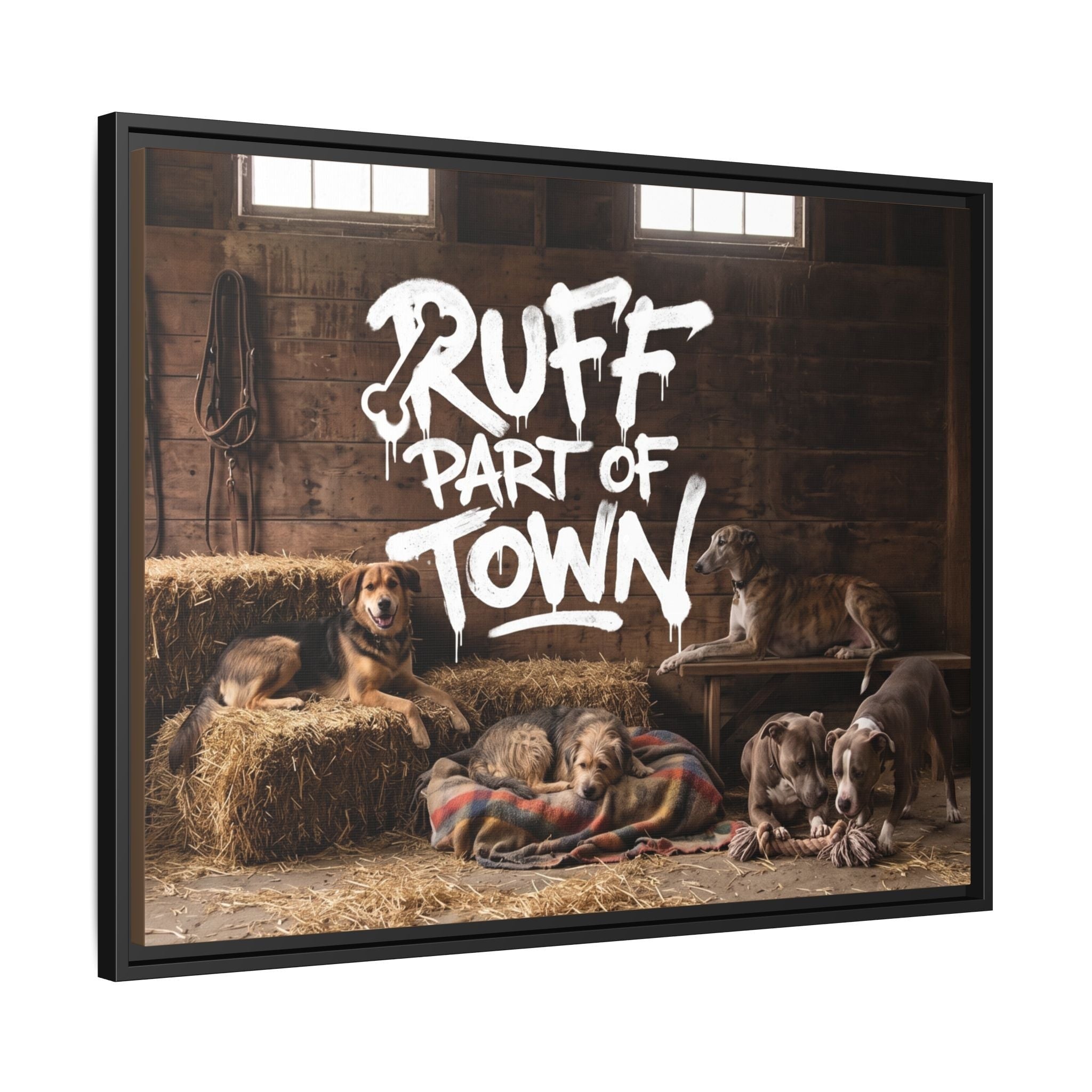 Ruff Part of Town framed canvas art featuring five dogs relaxing in a rustic barn setting with hay bales and a wooden bench.
