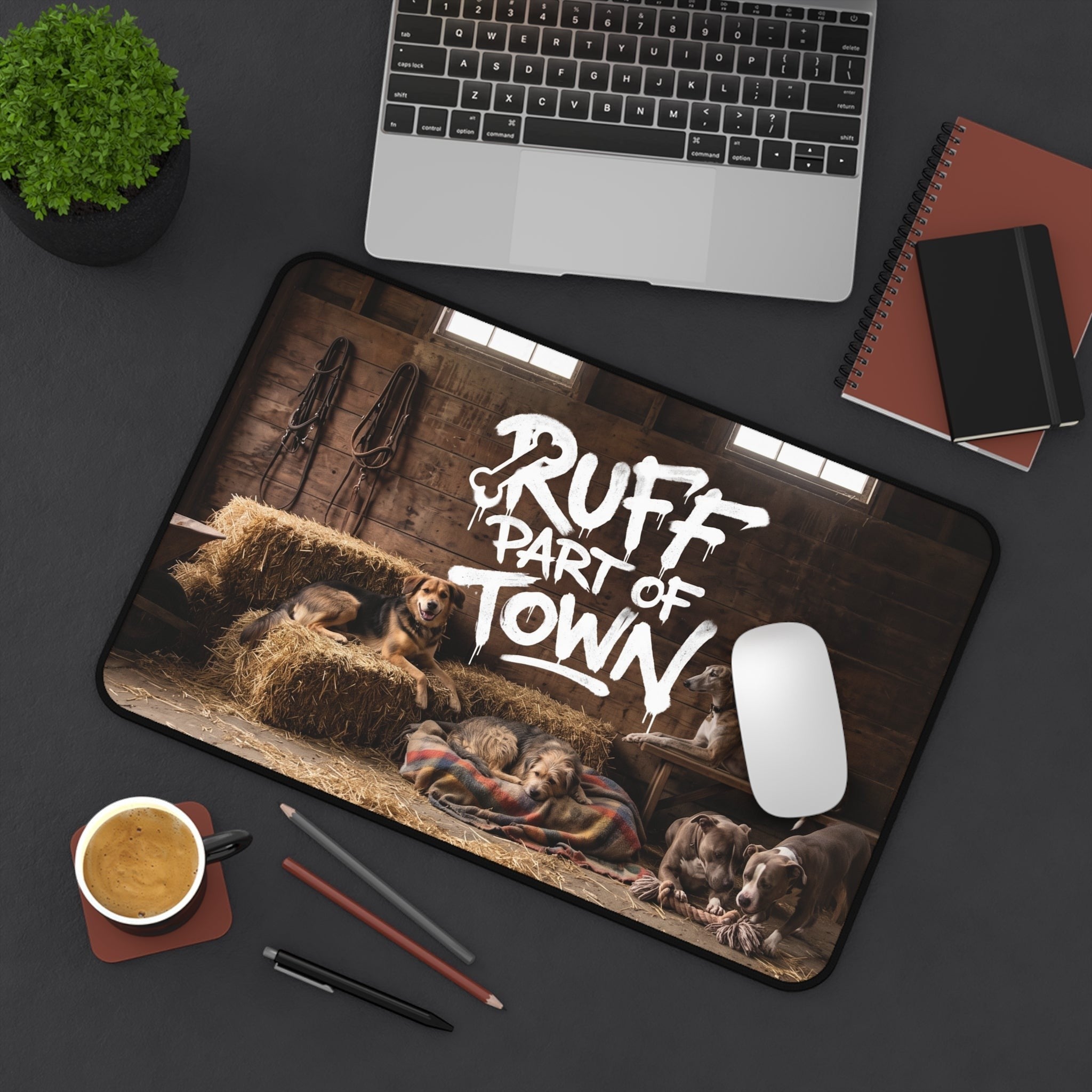 Ruff Part of Town desk mat featuring dogs on hay bales in a rustic barn scene. Neoprene surface.