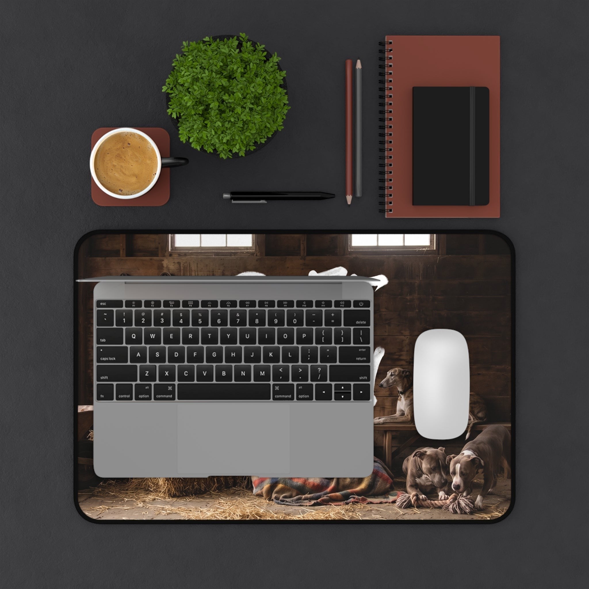 Ruff Part of Town desk mat featuring a rustic barn scene with dogs, hay, and windows. Neoprene surface.