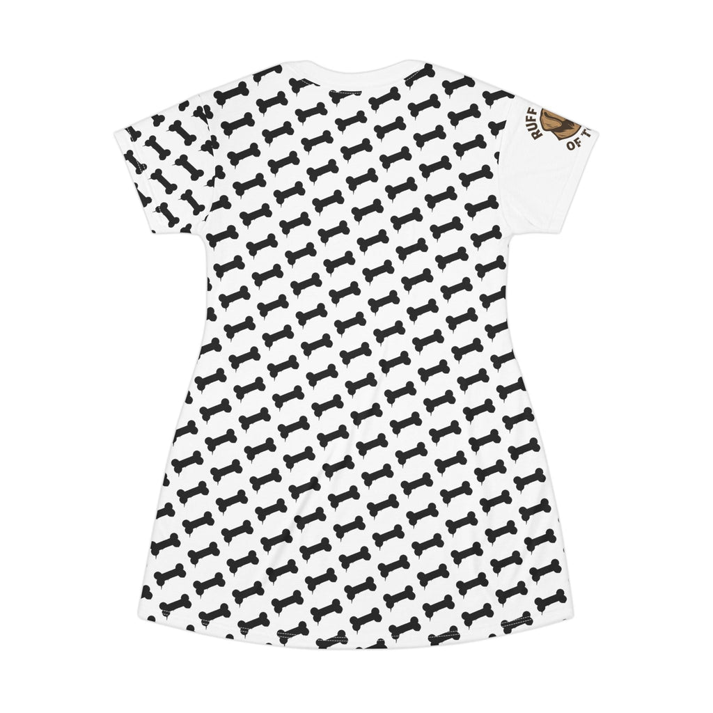 Ruff Part of Town white polyester t-shirt dress with all-over black dog bone print and "Ruff Part of Town" graphic on sleeve.