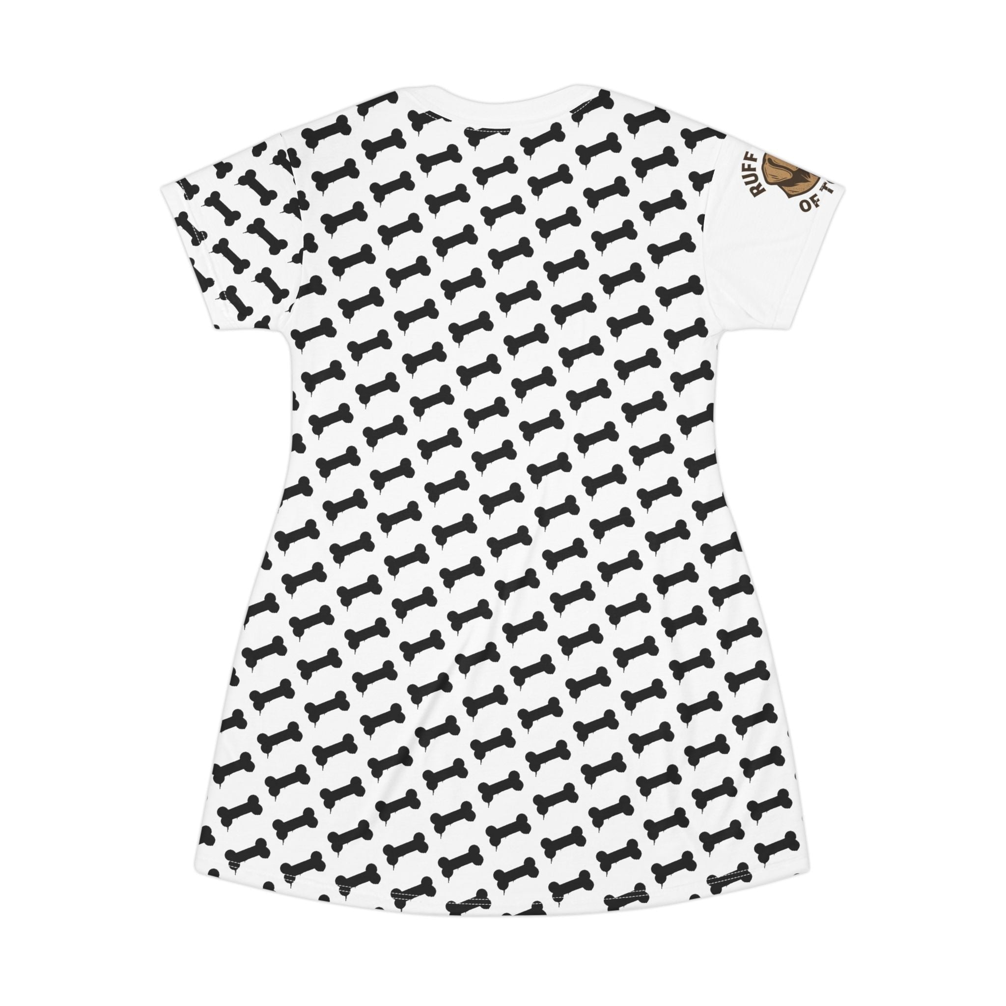 Ruff Part of Town white polyester t-shirt dress with all-over black dog bone print and "Ruff Part of Town" graphic on sleeve.