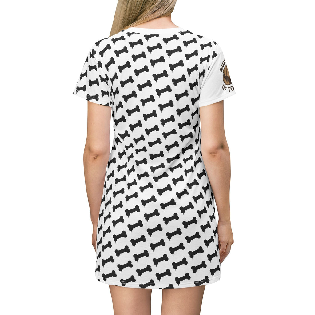 Ruff Part of Town white polyester t-shirt dress with all-over black bone print and dog graphic on sleeve.