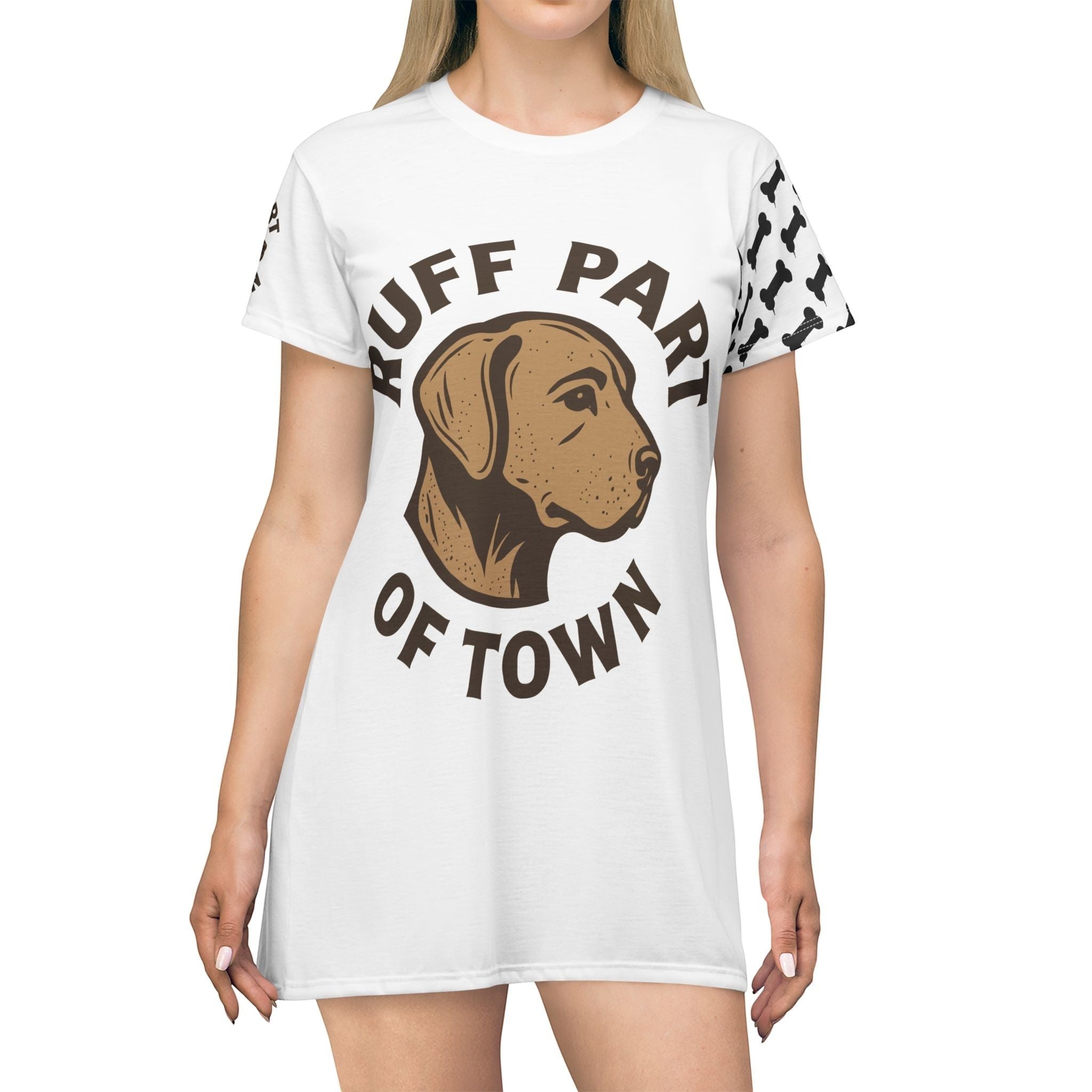 Ruff Part of Town white polyester t-shirt dress with dog graphic and bone pattern on sleeves.