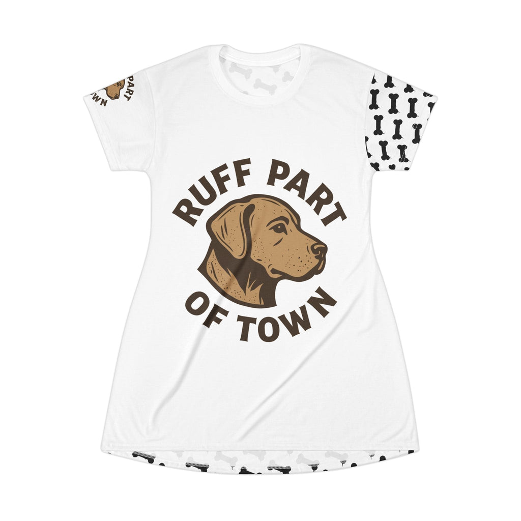 Ruff Part of Town white polyester t-shirt dress with a brown dog graphic and "Ruff Part of Town" text. Bone pattern on sleeves and hem.