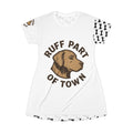 Ruff Part of Town white polyester t-shirt dress with a brown dog graphic and "Ruff Part of Town" text. Bone pattern on sleeves and hem.