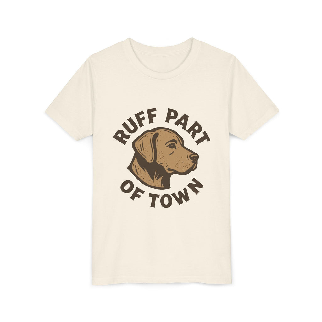 Ruff Part of Town cream short sleeve youth tee with a graphic of a dog's head and text.