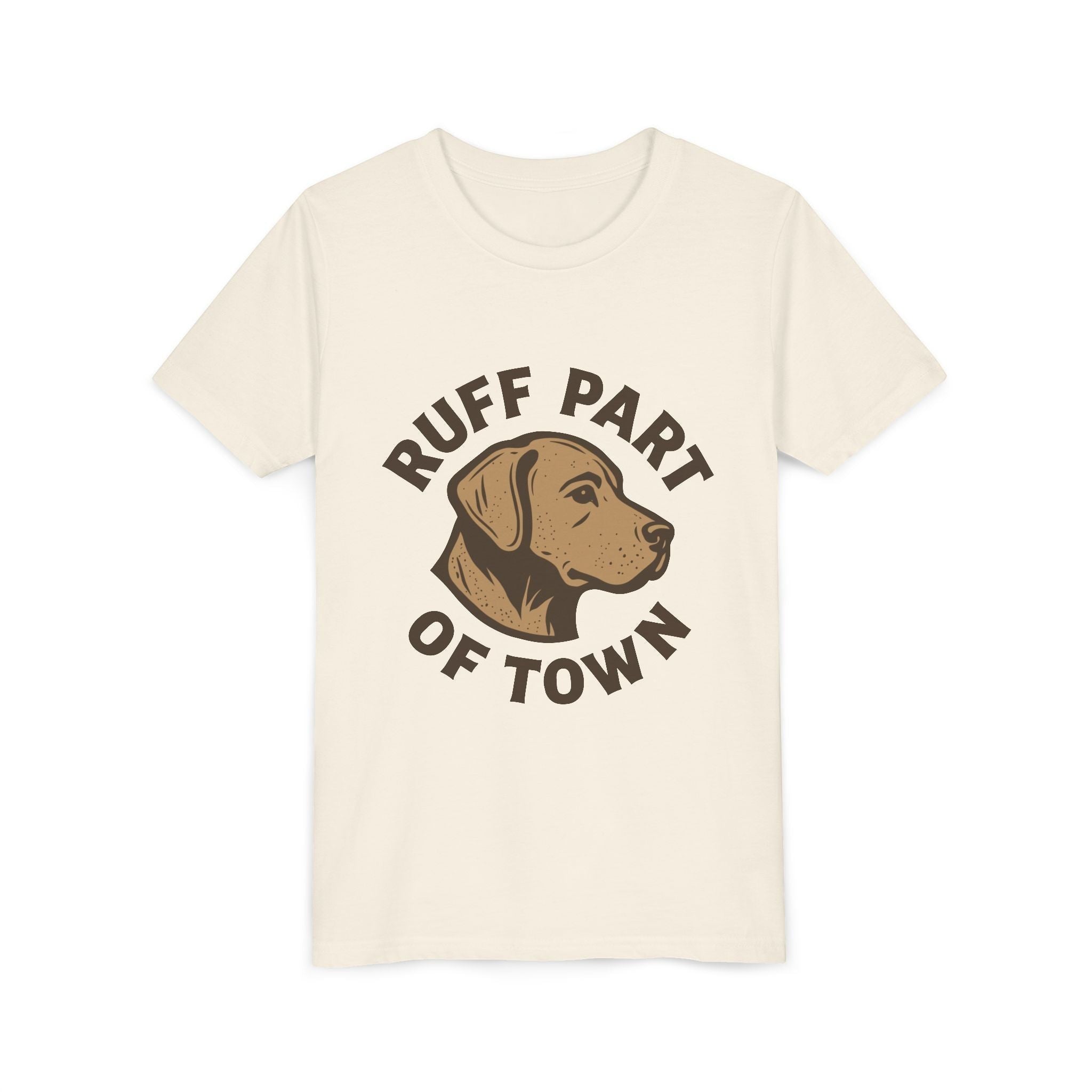 Ruff Part of Town cream short sleeve youth tee with a graphic of a dog's head and text.