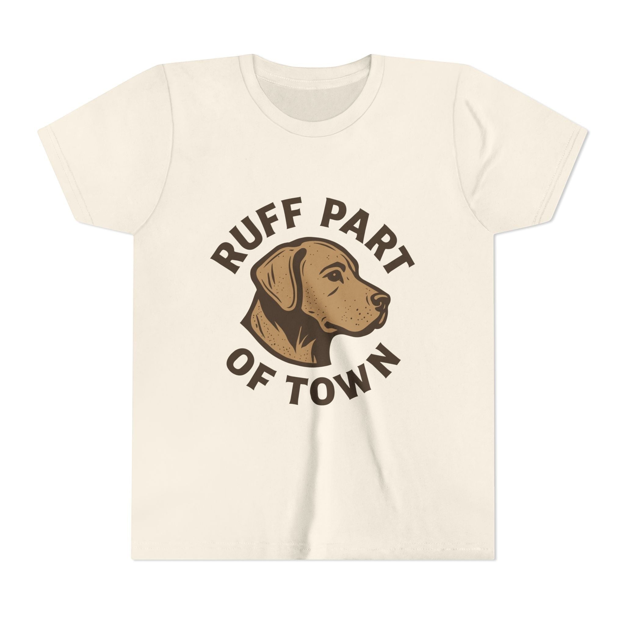 Ruff Part of Town youth short sleeve tee in cream with a brown dog head logo and text.