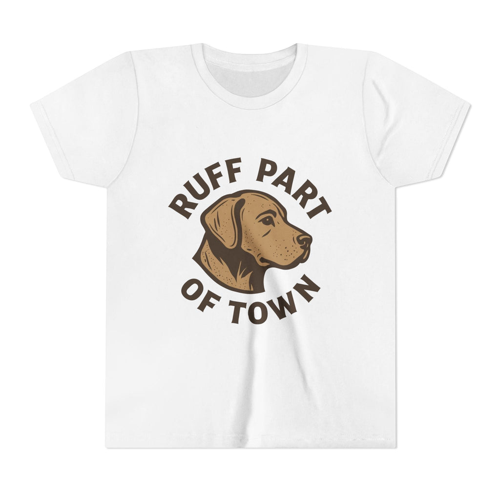 Ruff Part of Town white short sleeve youth t-shirt with a brown dog head graphic and text.