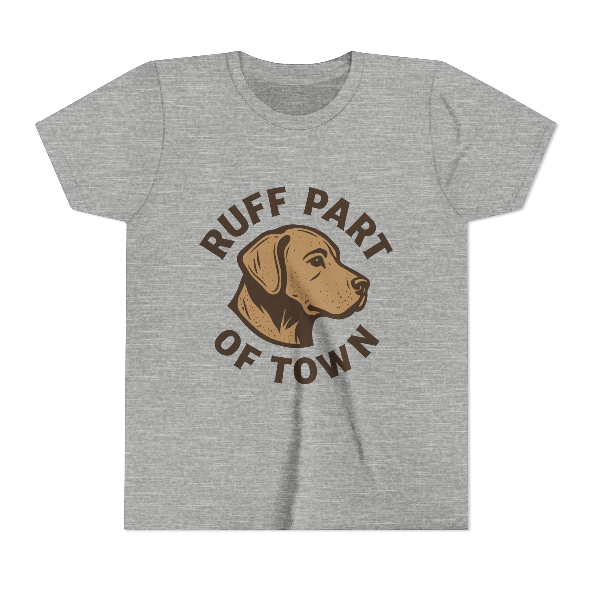 Ruff Part of Town grey heather short sleeve youth t-shirt with a brown dog head logo and text.