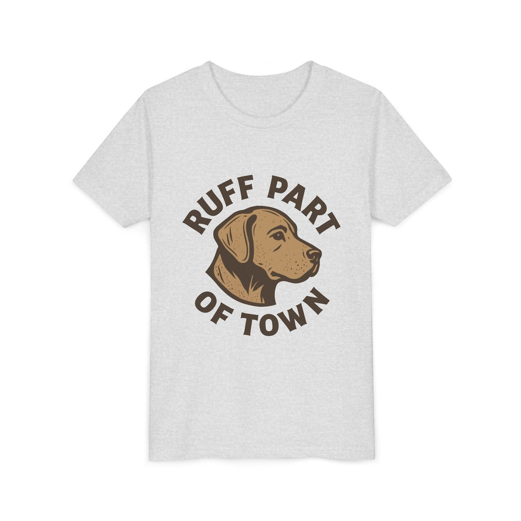 Ruff Part of Town youth short sleeve tee in light heather grey cotton with a brown dog head logo and text.