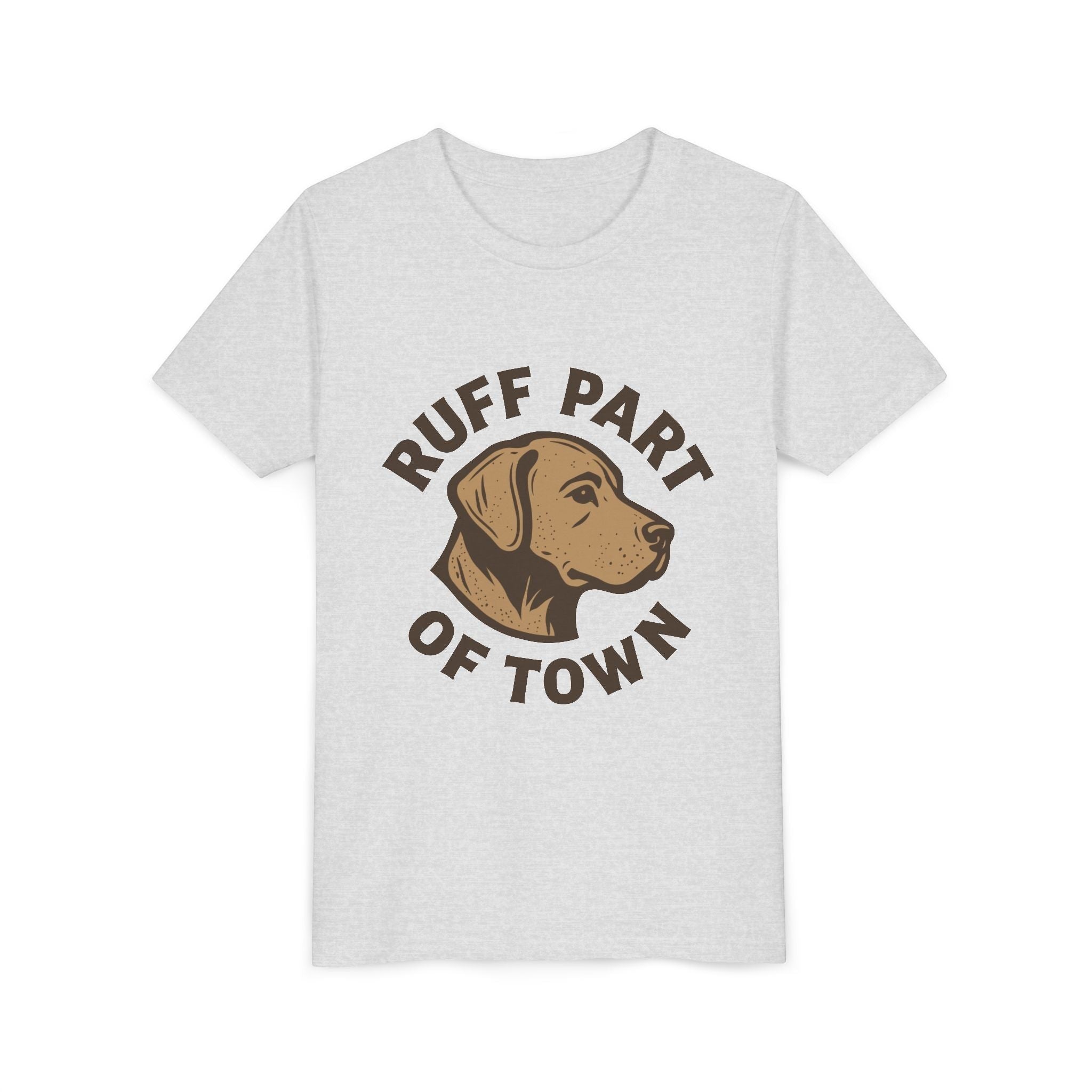 Ruff Part of Town youth short sleeve tee in light heather grey cotton with a brown dog head logo and text.