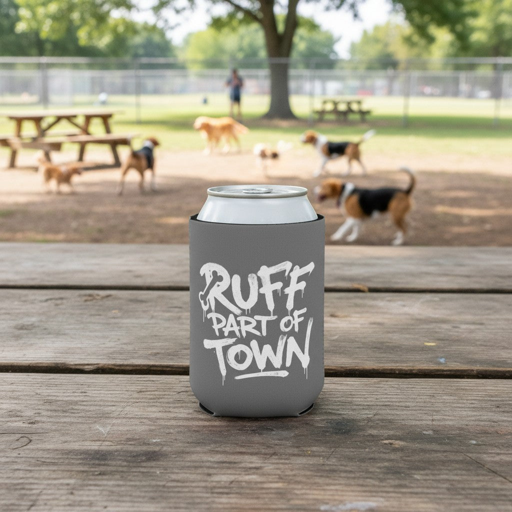 Ruff Part of Town grey neoprene can cooler with white graffiti-style "RUFF PART OF TOWN" text and a bone graphic.