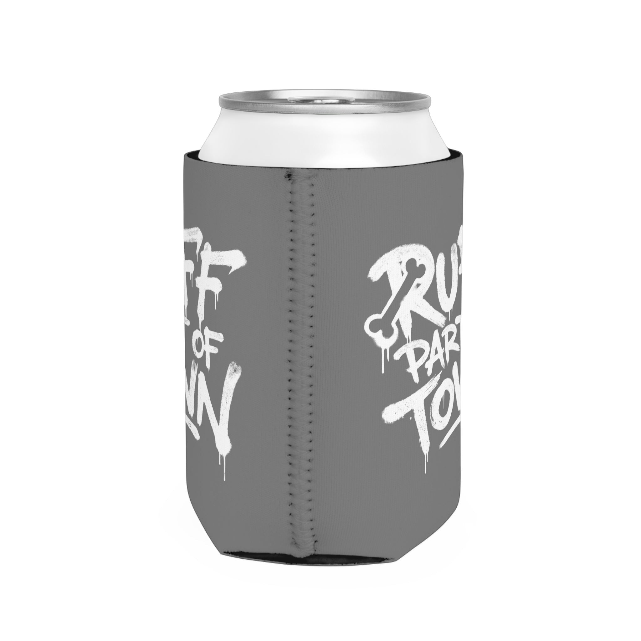 Ruff Part of Town grey neoprene can cooler with white graffiti-style text and a bone graphic.