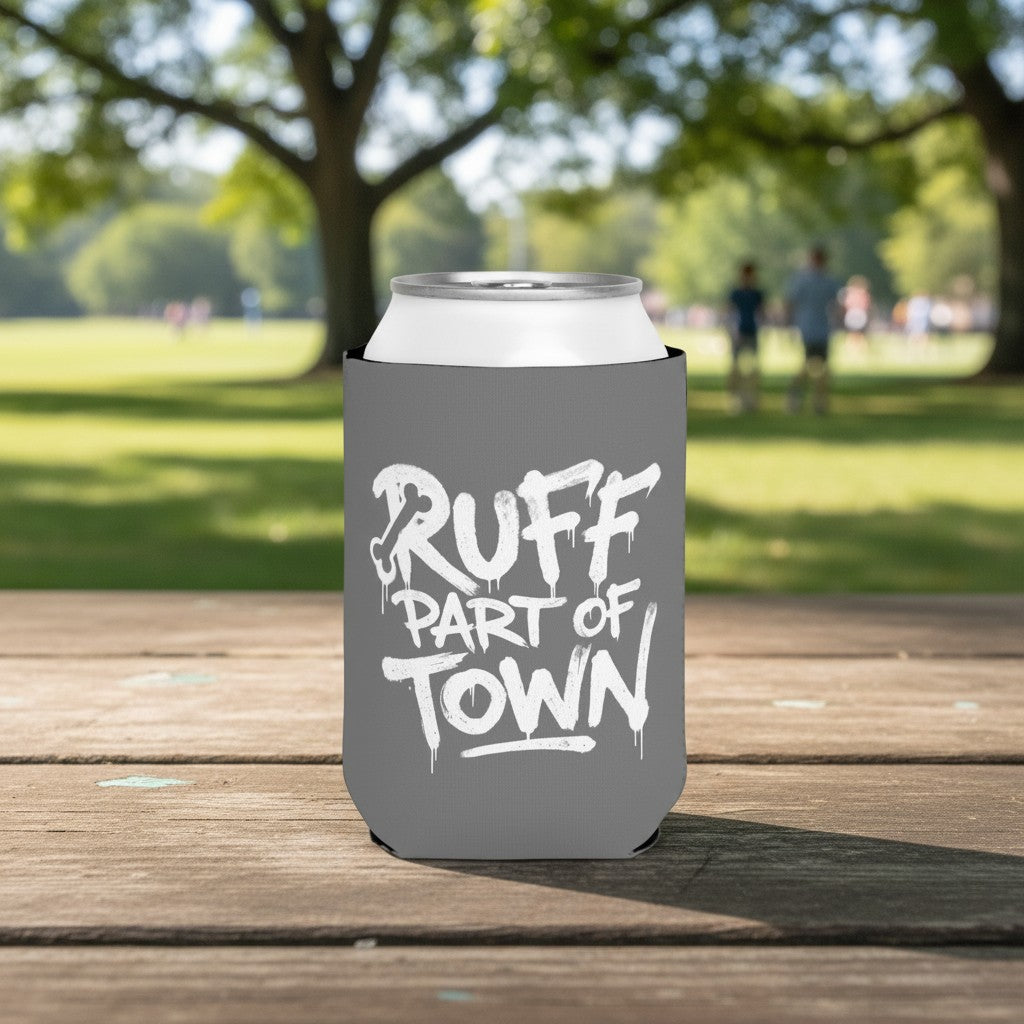 Ruff Part of Town grey neoprene can cooler with white graffiti-style "RUFF PART OF TOWN" text and a bone graphic.