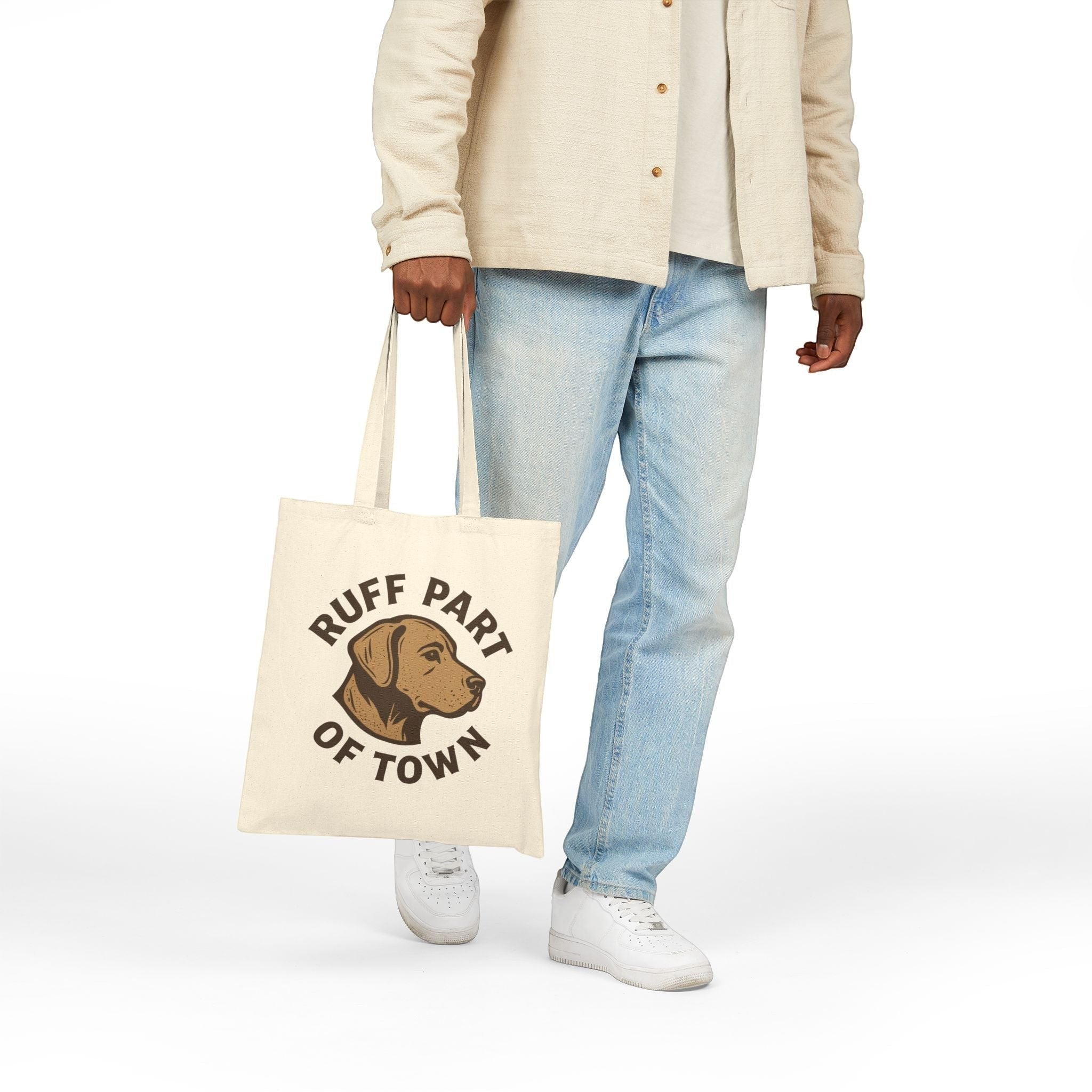 Ruff Part of Town natural cotton canvas tote bag with dog illustration and text. Reinforced handles.