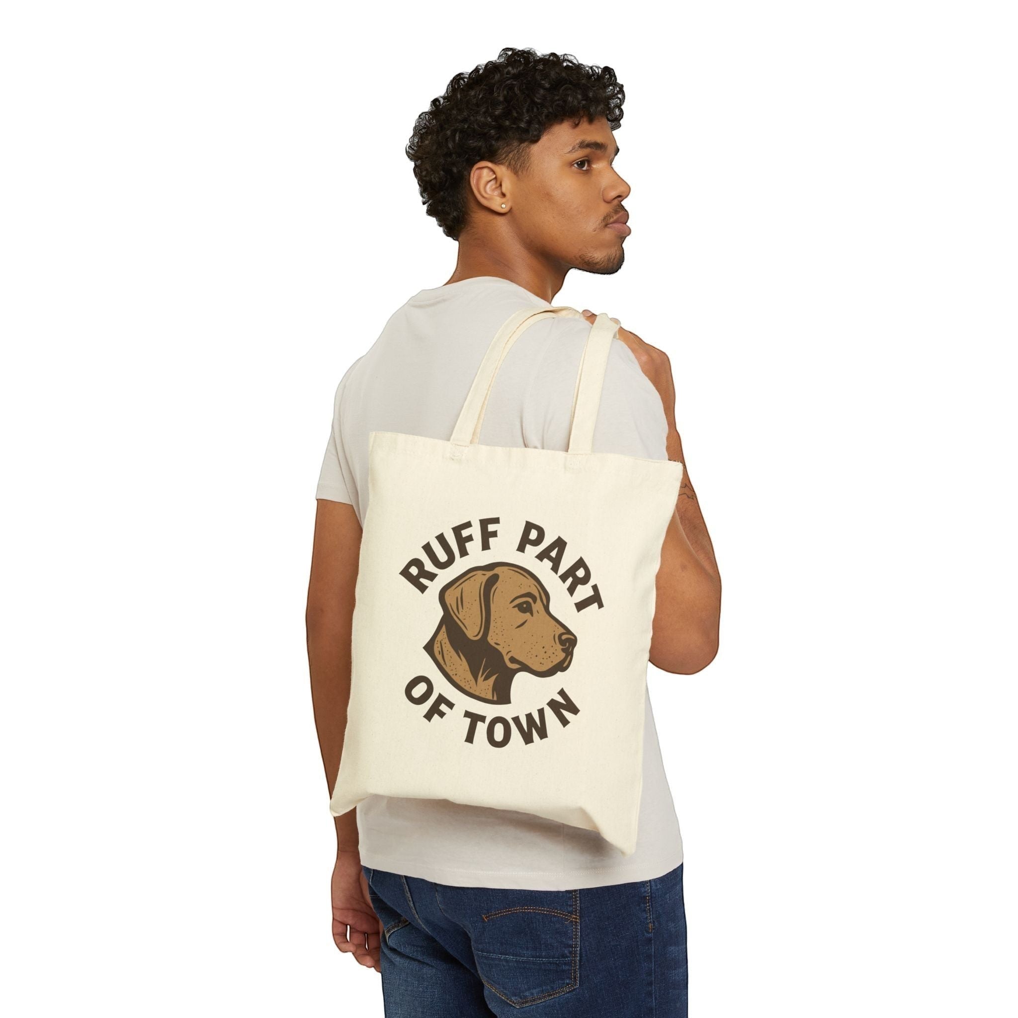 Ruff Part of Town natural cotton canvas tote bag with vintage dog illustration and flat-corner construction.