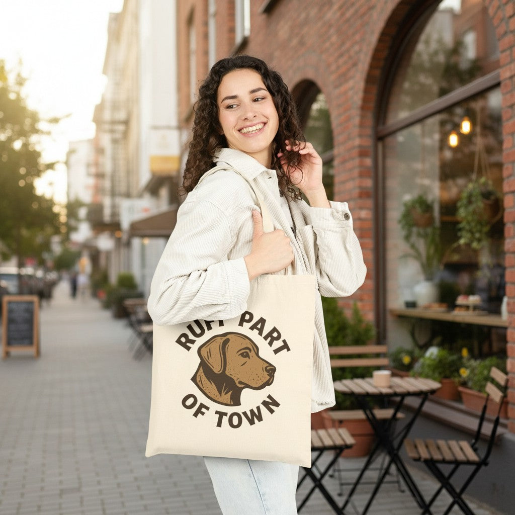 Ruff Part of Town natural canvas tote bag with dog illustration and text. Reinforced handles.