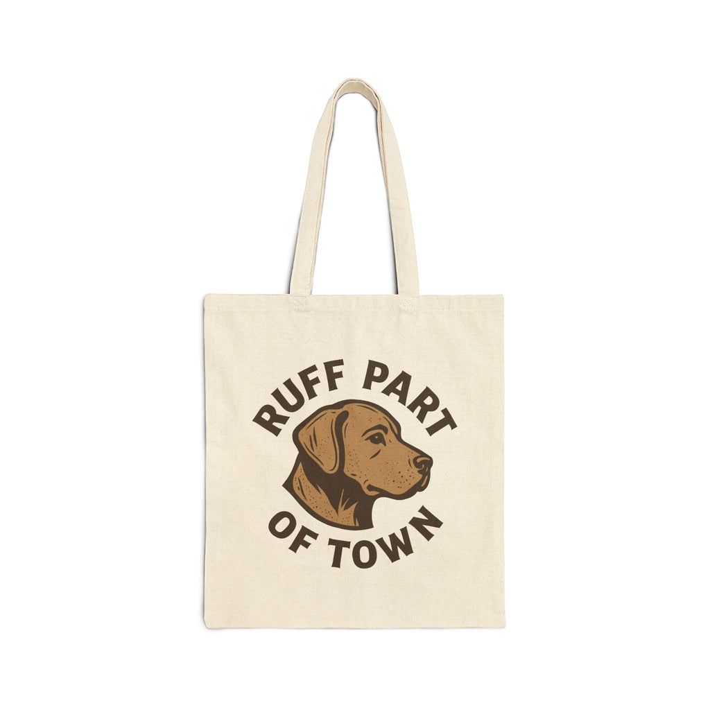 Ruff Part of Town natural canvas tote bag with vintage dog illustration and text. Flat-corner construction.