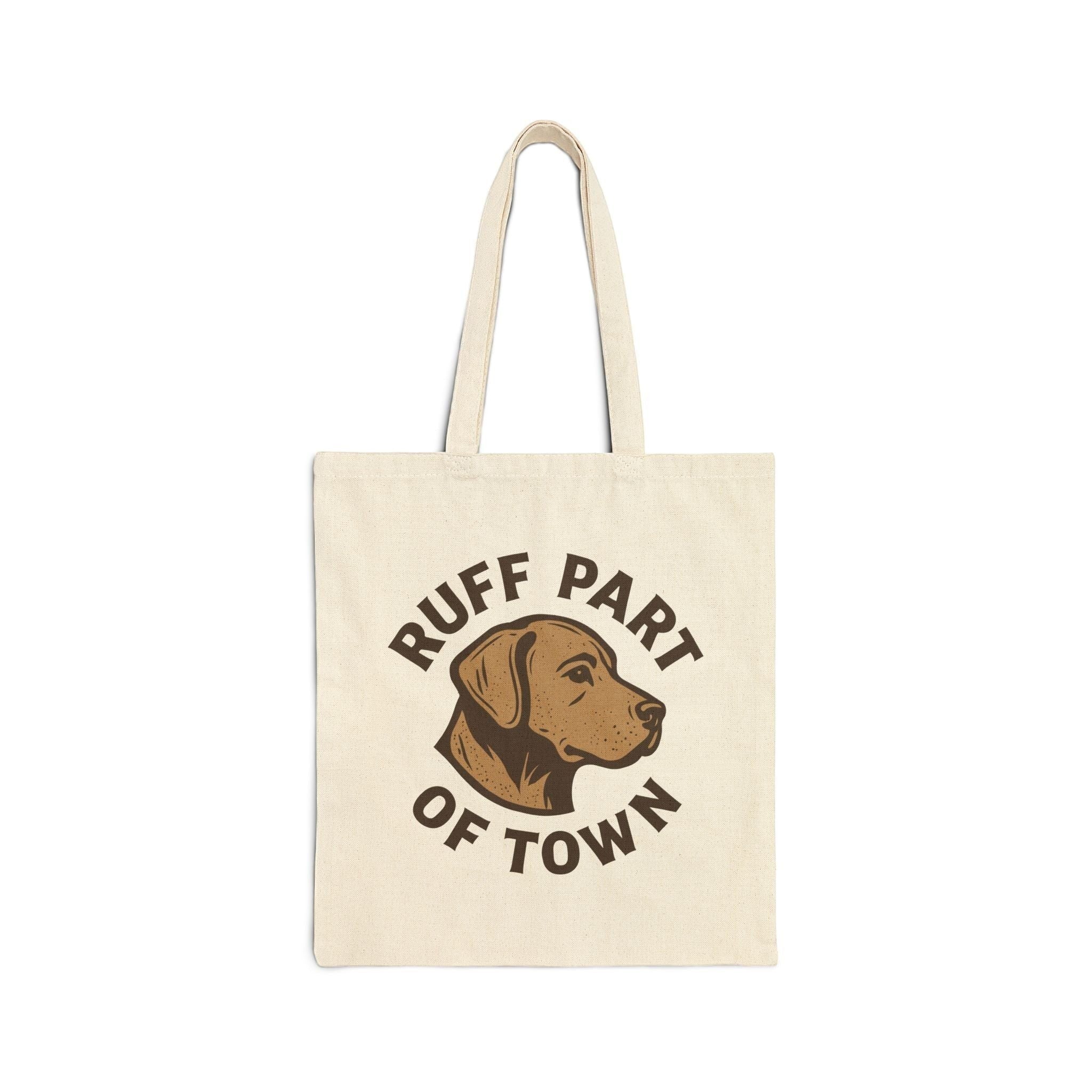 Ruff Part of Town natural canvas tote bag with vintage dog illustration and text.