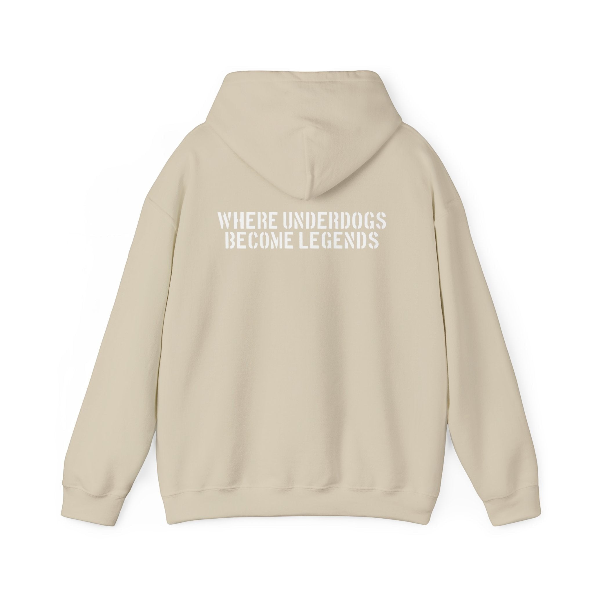 Ruff Part of Town beige 50/50 cotton-poly blend hoodie with "WHERE UNDERDOGS BECOME LEGENDS" text on back.