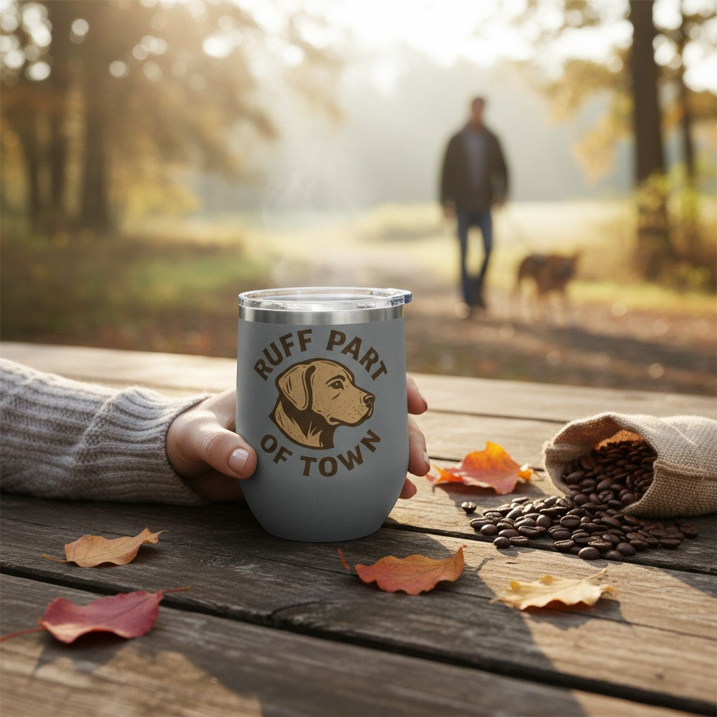 Ruff Part of Town grey 12oz stainless steel insulated wine tumbler with dog portrait and slogan