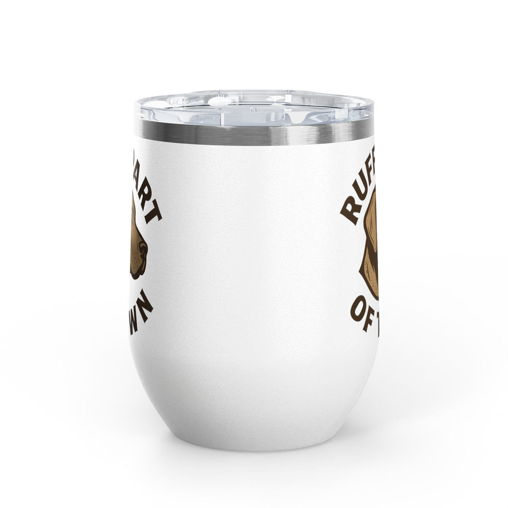 Ruff Part of Town white 12oz stainless steel wine tumbler with dog portrait and slogan. Insulated cup.