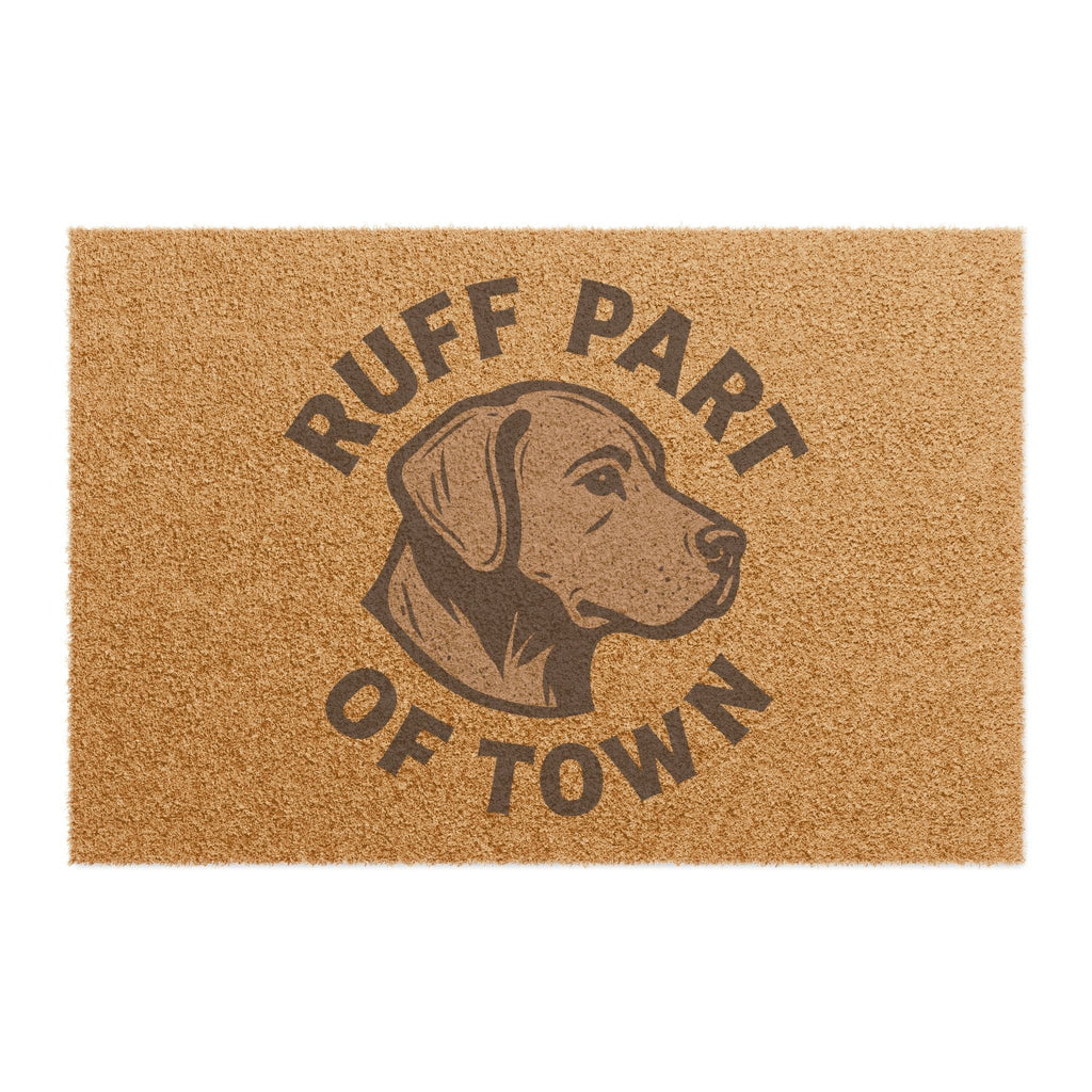 Ruff Part of Town coir doormat with a brown dog portrait and text. Natural fiber.