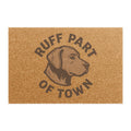 Ruff Part of Town coir doormat with a brown dog portrait and text. Natural fiber.