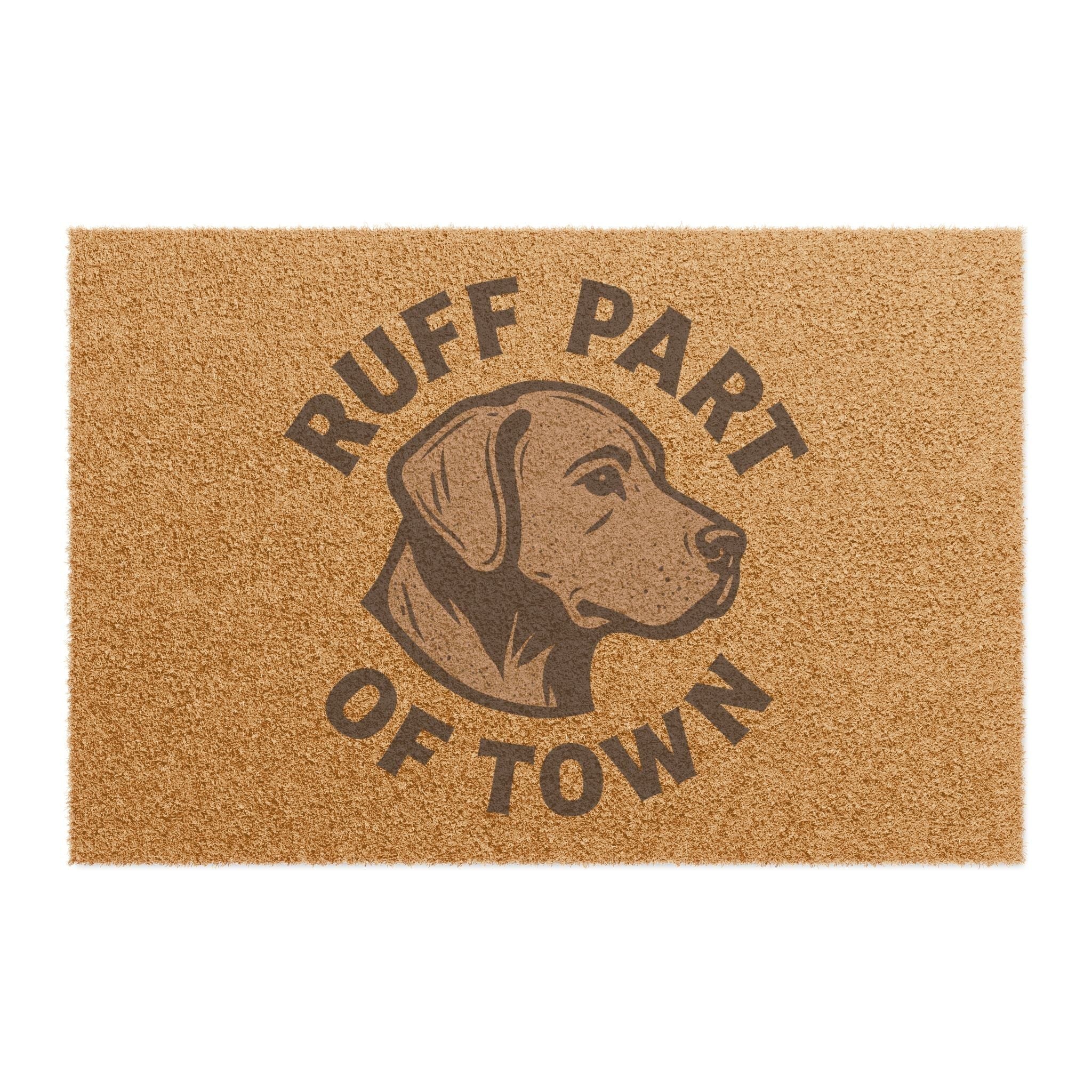 Ruff Part of Town coir doormat with a brown dog portrait and text. Natural fiber.