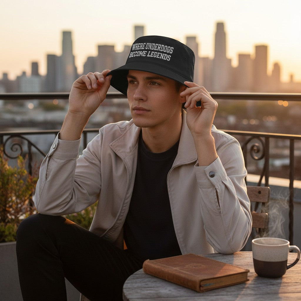 Ruff Part of Town black cotton twill bucket hat with embroidered slogan "Where Underdogs Become Legends".