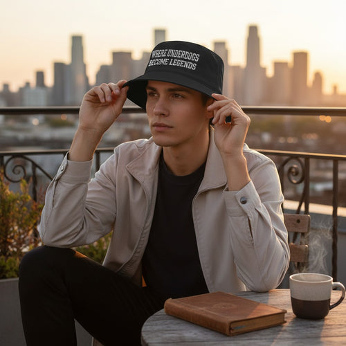 Ruff Part of Town black cotton twill bucket hat with embroidered slogan "Where Underdogs Become Legends".