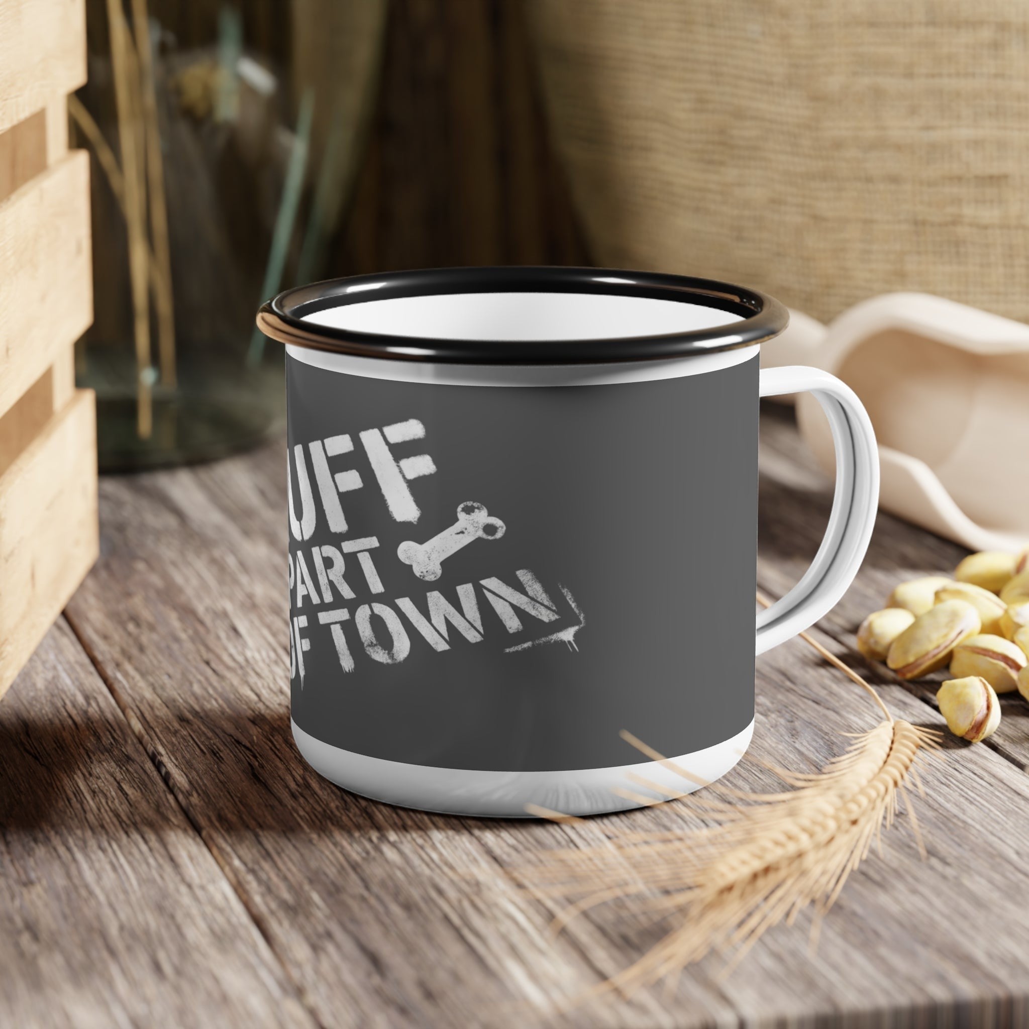 Ruff Part of Town enamel camp mug with "Ruff Part of Town" graphic and dog bone detail. Dark grey with white print.
