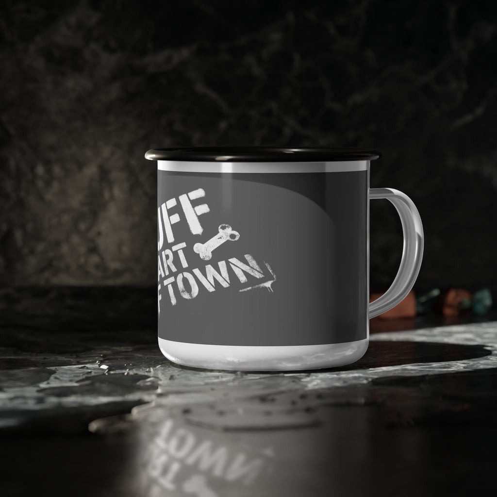 Ruff Part of Town enamel camp mug with "Ruff Part of Town" graphic and dog bone detail. Dark grey with white print.