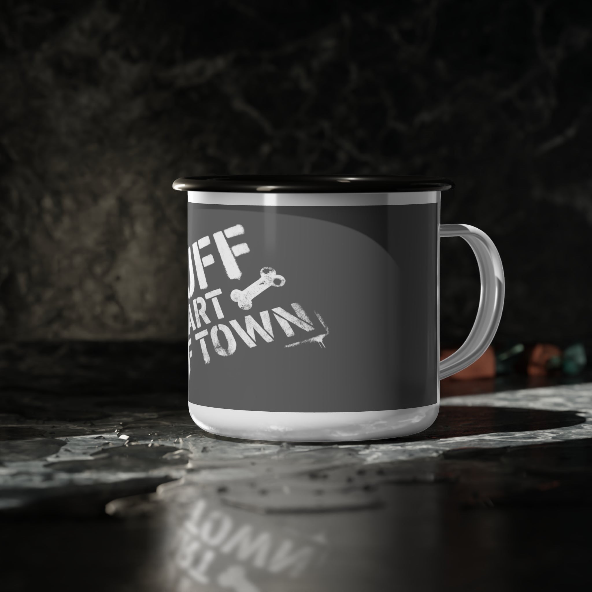 Ruff Part of Town enamel camp mug with "Ruff Part of Town" graphic and dog bone detail. Dark grey with white print.