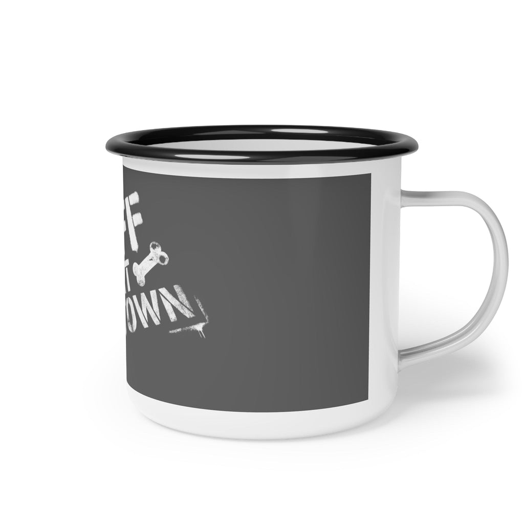 Ruff Part of Town enamel camp mug with "Ruff Part of Town" graphic and dog bone detail. White mug with black rim.