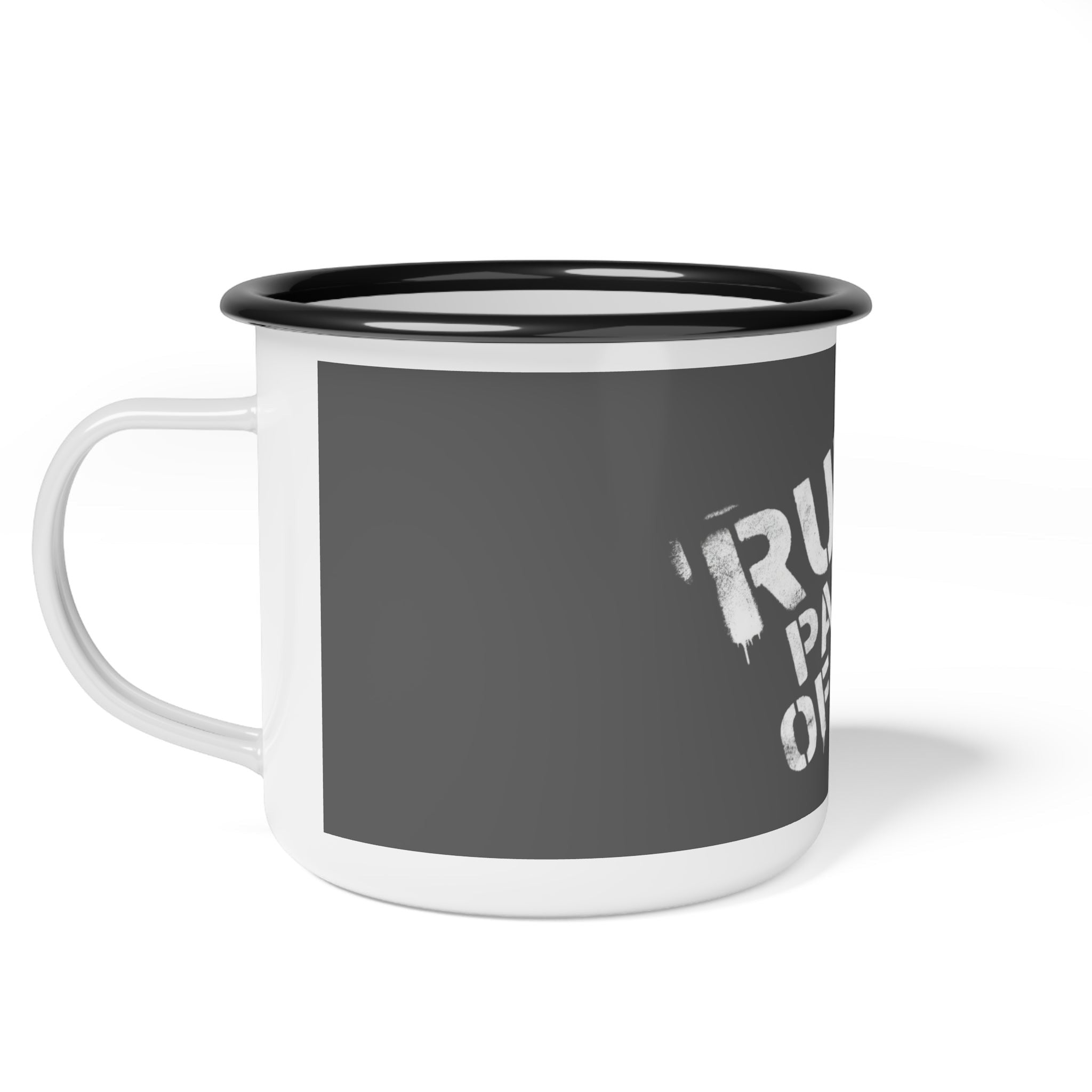 Ruff Part of Town enamel camp mug with "Ruff Part of Town" graphic. White mug with black rim.
