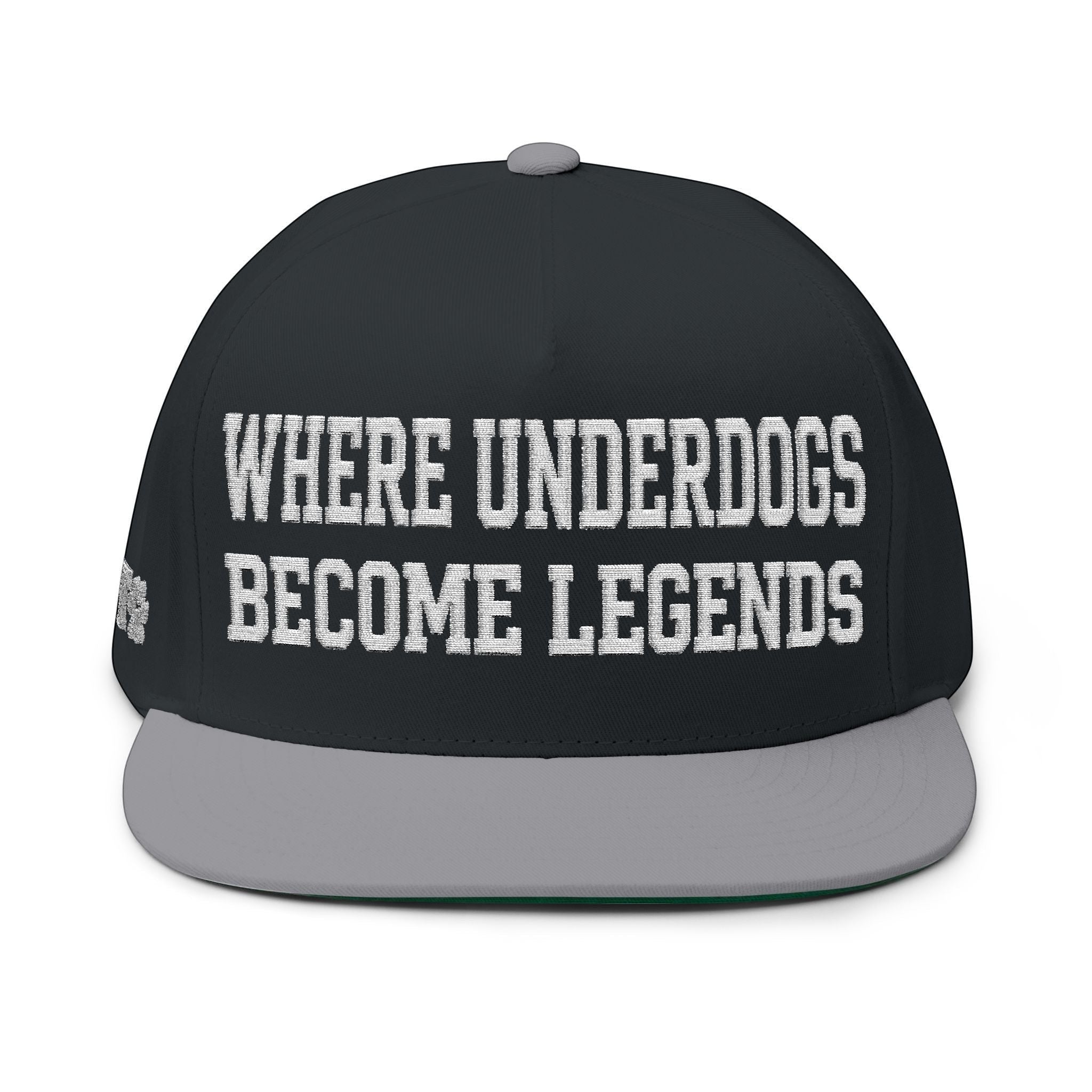 Ruff Part of Town dark grey flat bill cap with white "WHERE UNDERDOGS BECOME LEGENDS" embroidery and grey undervisor.