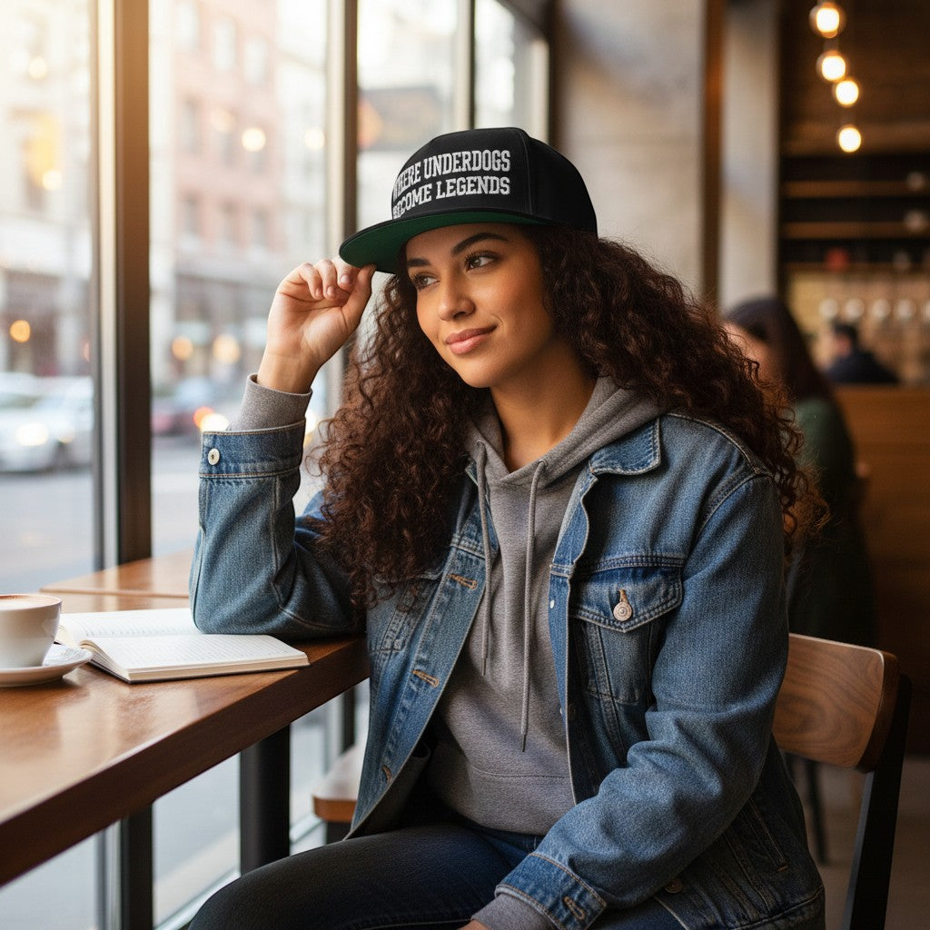 Ruff Part of Town black cotton twill flat bill cap with white "WHERE UNDERDOGS BECOME LEGENDS" embroidery and green undervisor.